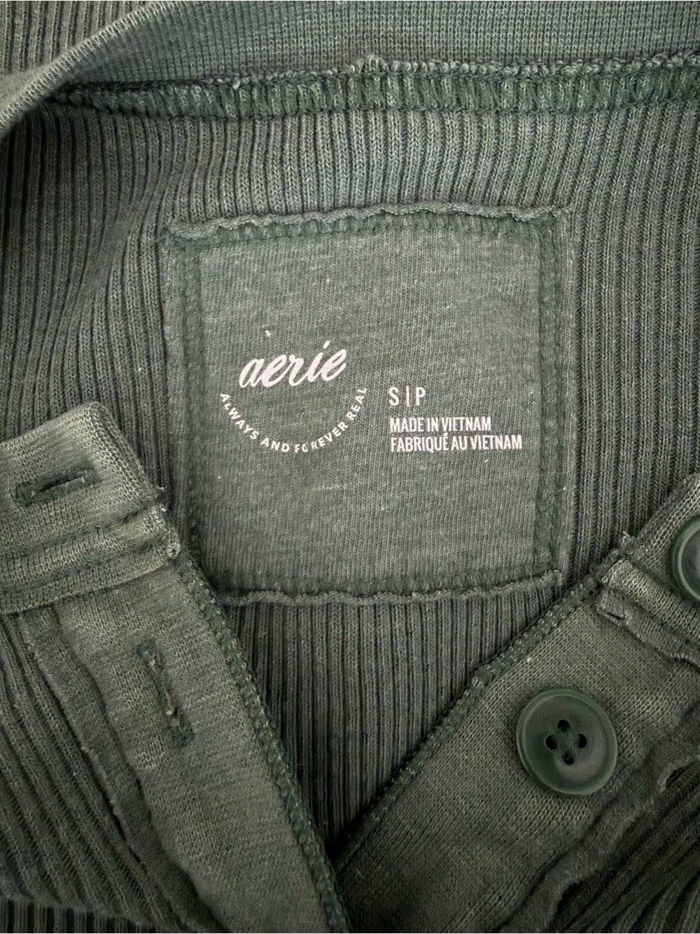 aerie Henley Essential Layering T-Shirt Ribbed Long-Sleeve Green S Cabincore - Picture 2 of 8